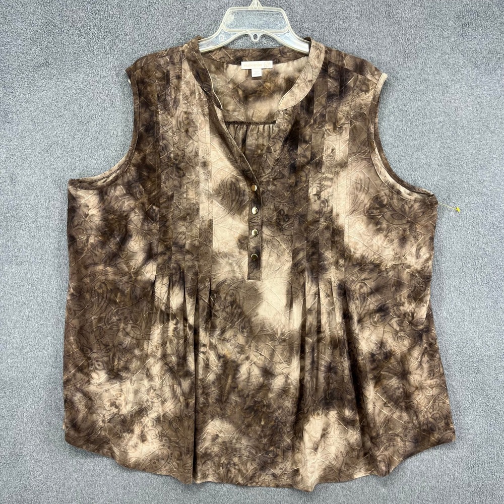 Westport 1962 Blouse Women 3X Brown Paisley Tie Dye Pintuck Sleeveless Top